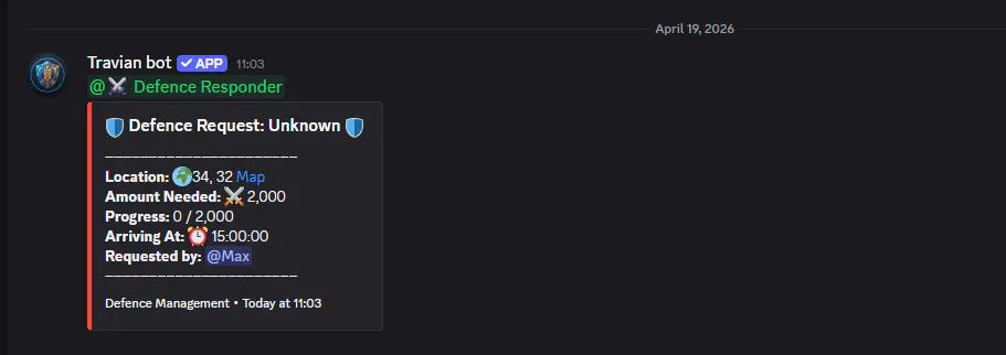 Travian Bot defence request shown inside Discord